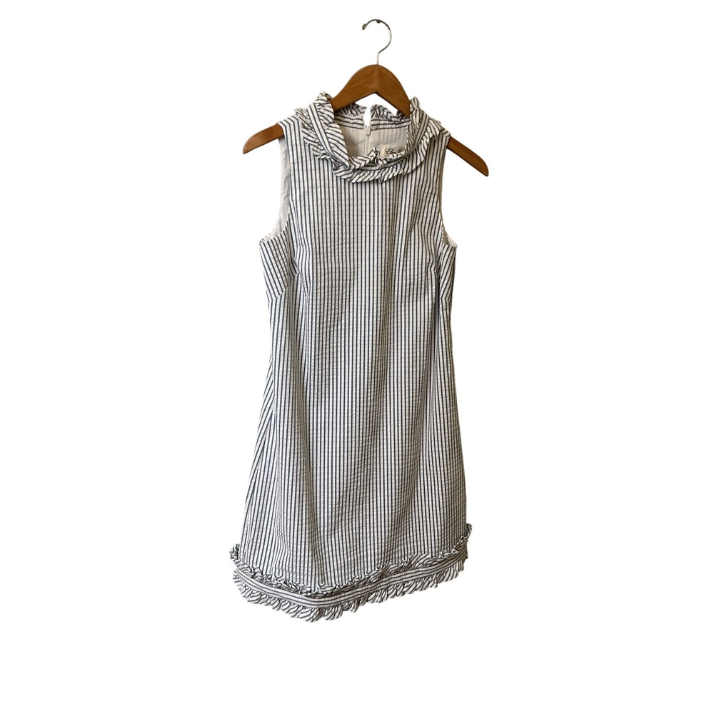 Eliza J Blue White Striped Ruffle Neck Sleeveless Shift Dress Womens 6 EJ0-5726 - Picture 3 of 11